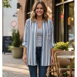 YFB Young Fabulous & Broke Linen Striped Tunic Womens M Boxy Coastal Boho EUC